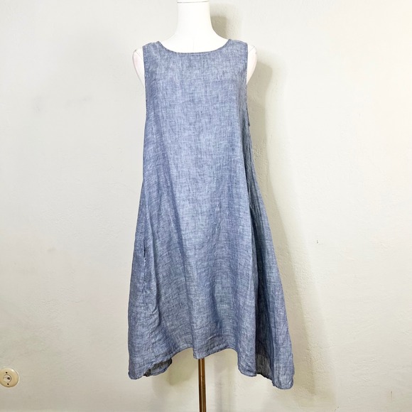 CP Shades Blue 100% Linen Sleeveless A-Line Shift Dress Pockets USA Made Medium